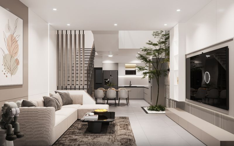 Trần thạch cao phòng khách liền bếp kết hợp giếng trời mang lại không gian thoáng đãng
