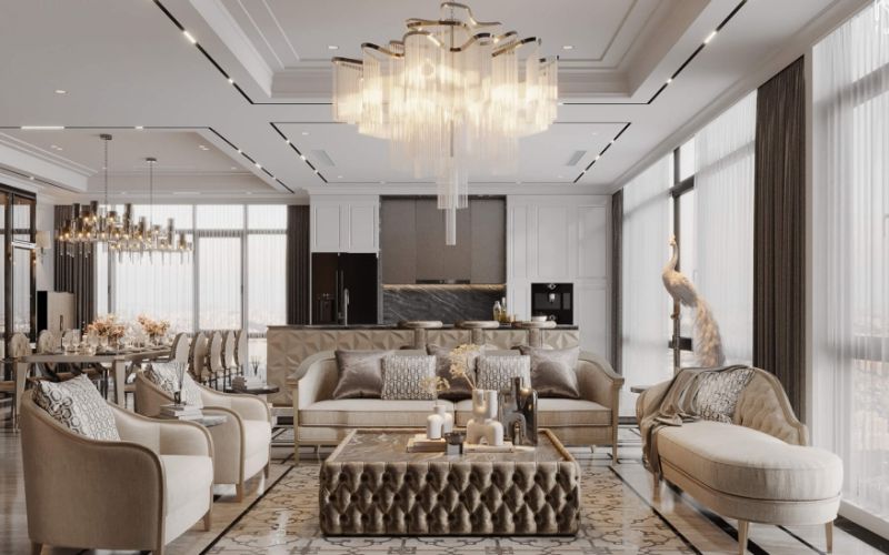 Hệ thống đèn được tích hợp vào trần thạch cao để tạo điểm sáng mềm mại và thu hút