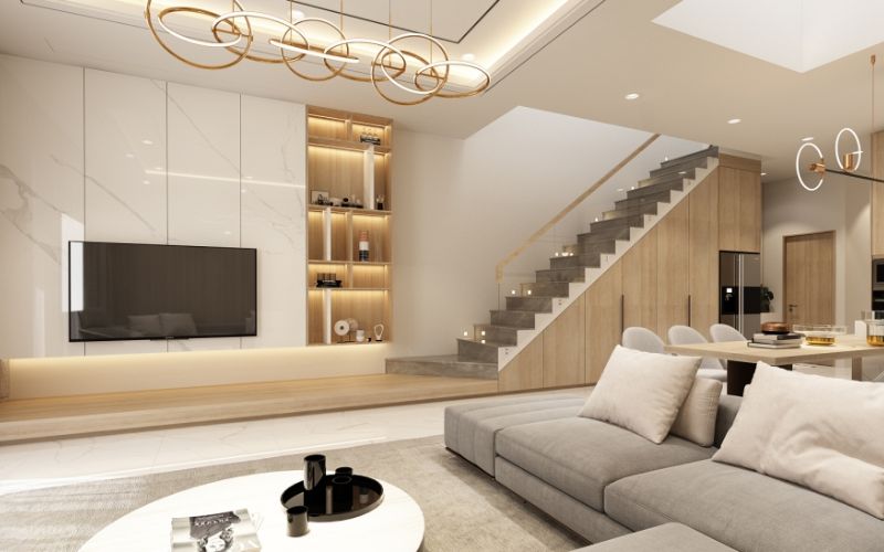 Mẫu trần thạch cao phòng khách 30m2 liền bếp đẹp