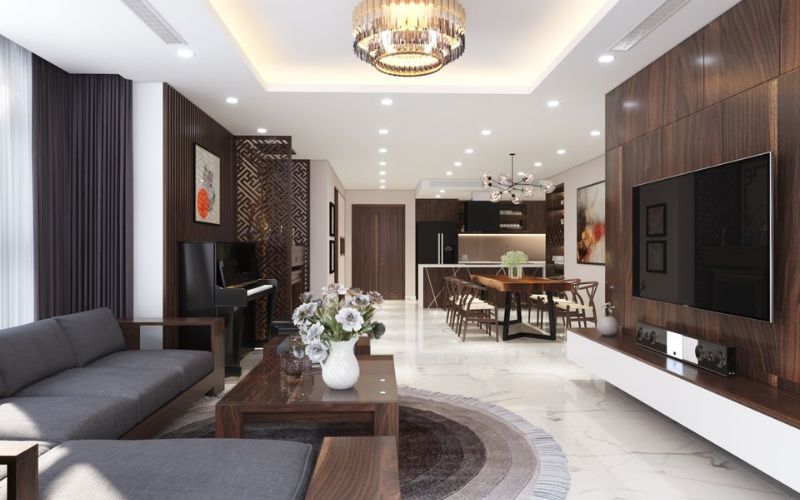 Trần thạch cao phòng bếp phẳng thuần tone màu trắng nổi bật nội thất gỗ