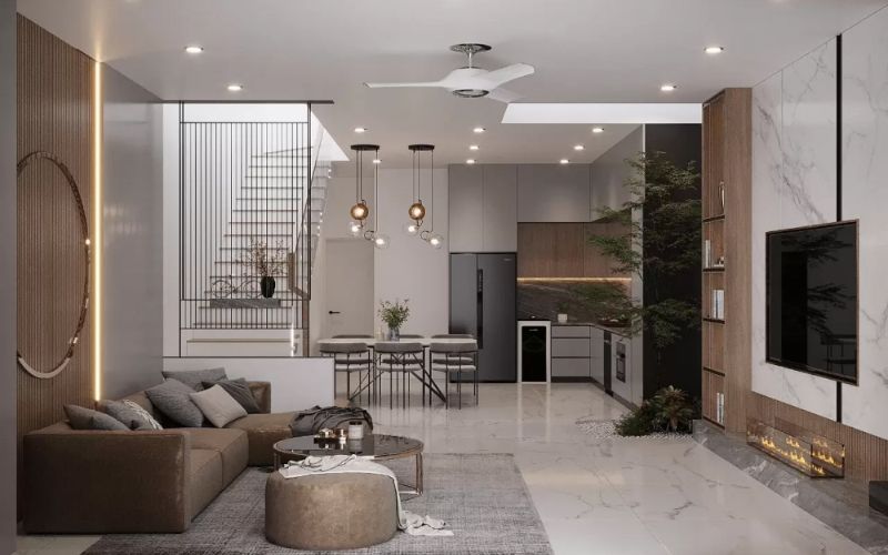 Mẫu trần thạch cao phẳng kết nối không gian phòng khách và bếp ấn tượng 