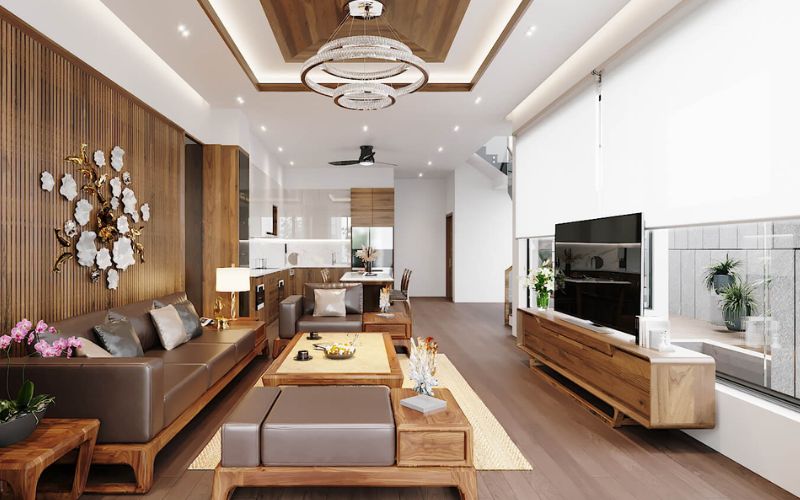 Mẫu trần thạch cao phòng khách kết hợp nội thất gỗ độc đáo, ấm cúng