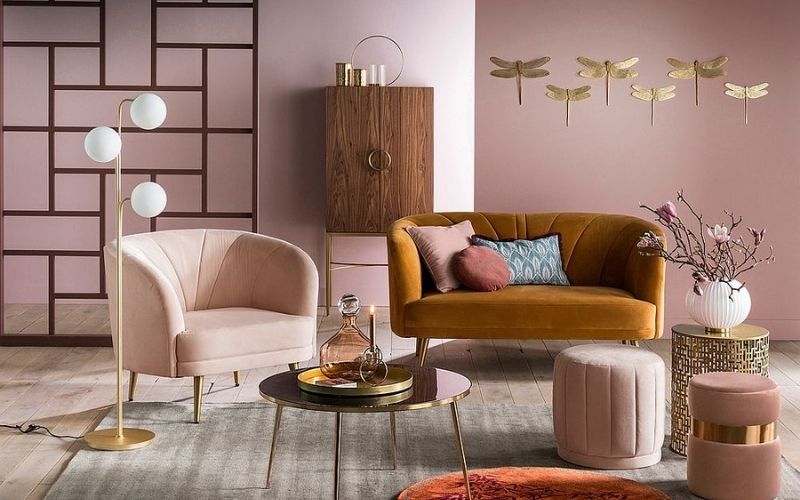 Phòng khách sơn màu hồng pastel mang lại sự hiện đại, lãng mạn