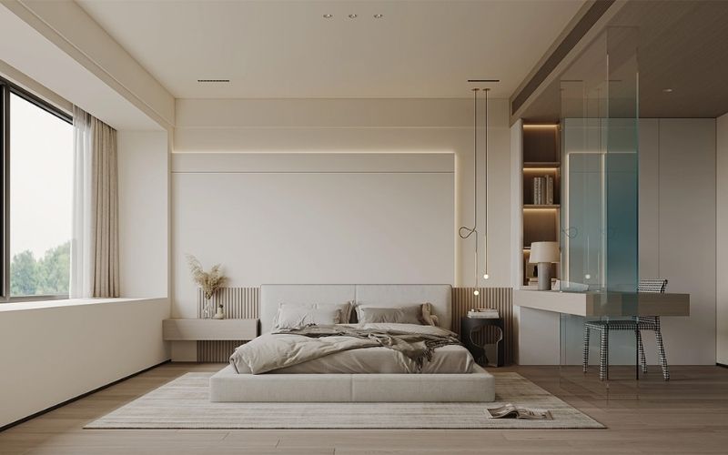Phòng ngủ màu be kết hợp nội thất hiện đại mang lại sự thanh lịch