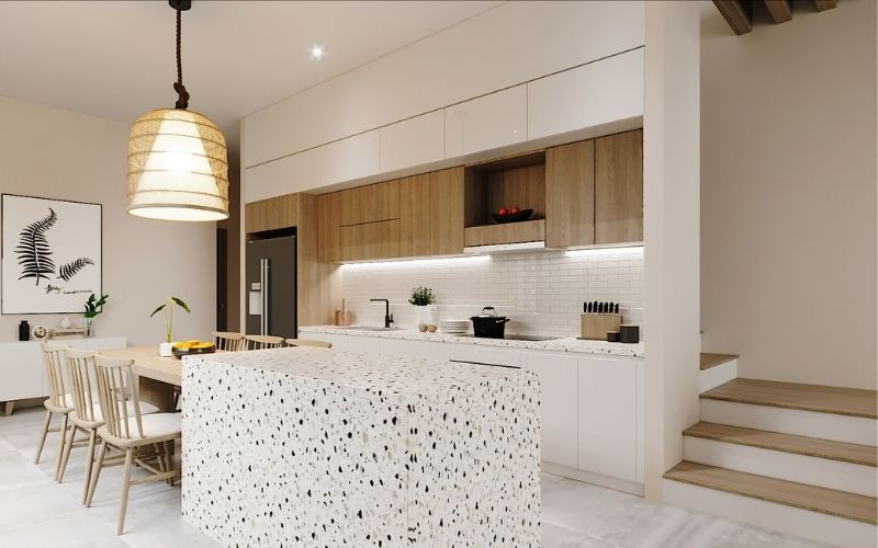 Căn bếp trở nên tiện nghi khi kết hợp màu be với nội thất gỗ