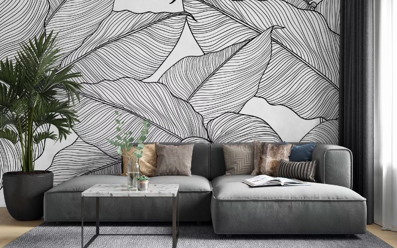 Phòng khách hiện đại, nghệ thuật với kiểu sơn tường hoa văn hình lá