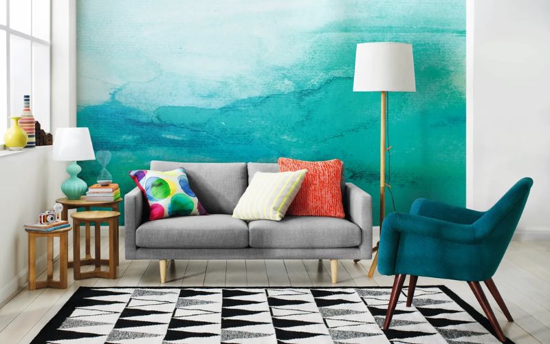 Màu xanh dương trầm lắng mang lại cảm giác bay bổng cho phòng khách