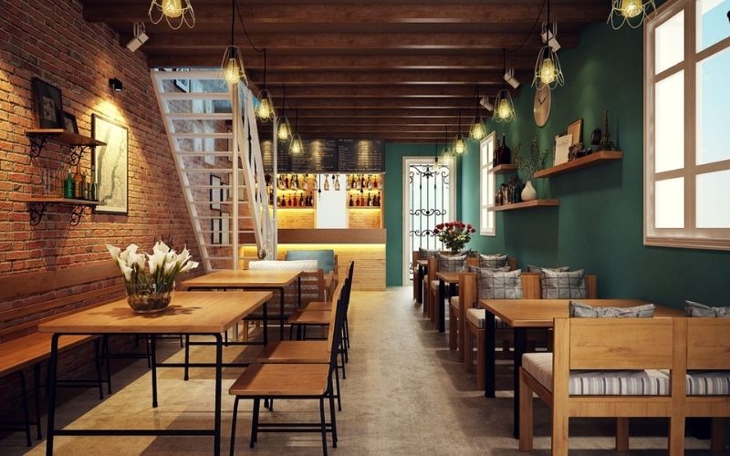 Ánh sáng đầy đủ tạo không gian quán cafe hiện đại, ấn tượng