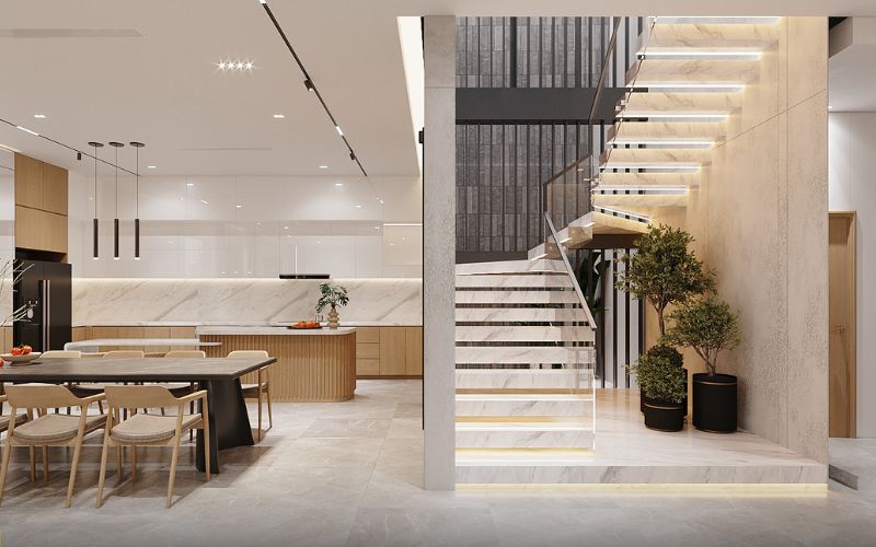 Cải tạo cầu thang với chất liệu đá và lan can kính đẹp mắt, ấn tượng
