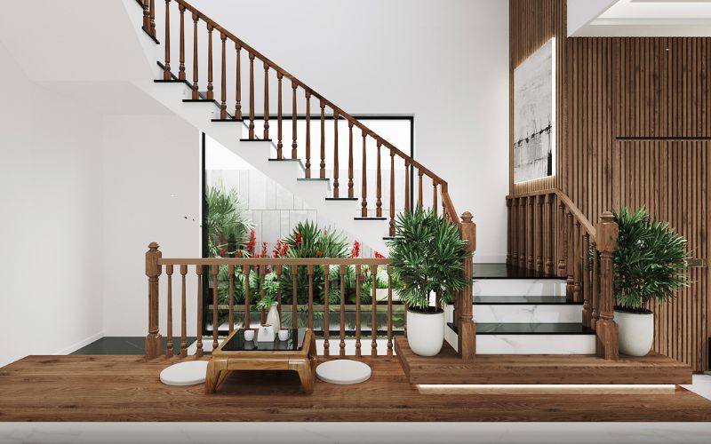 Cầu thang chất liệu gỗ sang trọng, thiết kế độc đáo