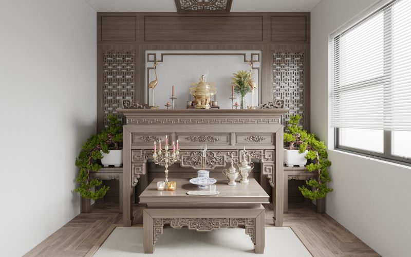 Phòng thờ ở tầng cao nhà 30m2 thiết kế trang trọng