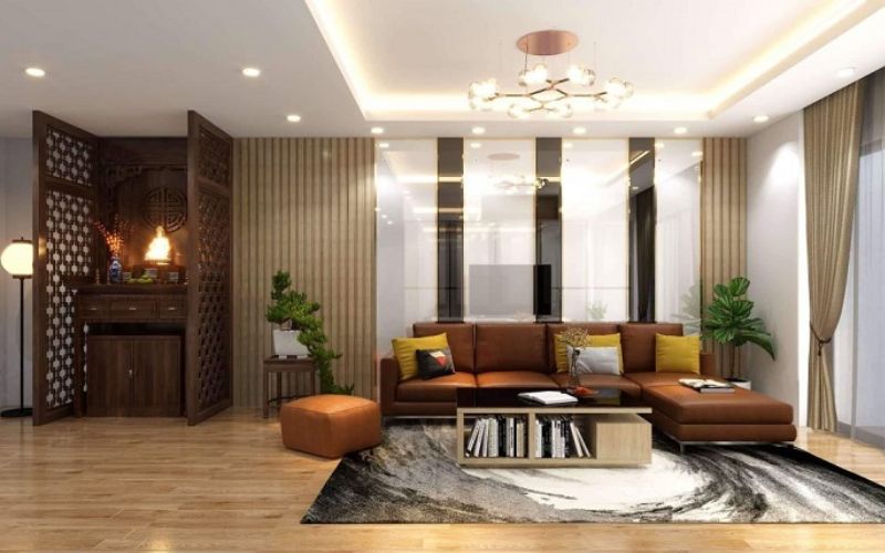 Phòng khách kết hợp phòng thờ giúp tận dụng không gian nhà ống