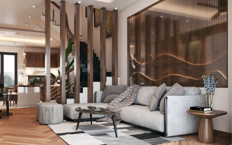 Cải tạo phòng khách với nội thất gỗ sang trọng