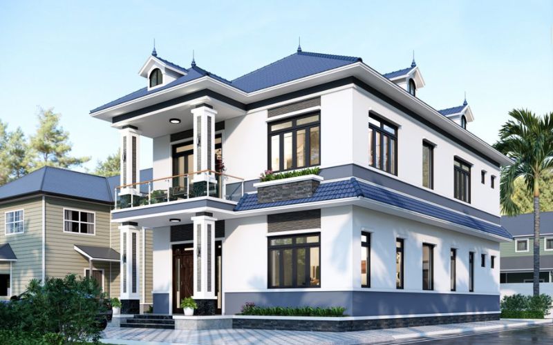 Ngoại thất ngôi nhà sơn màu xanh ghi kết hợp trắng thanh lịch