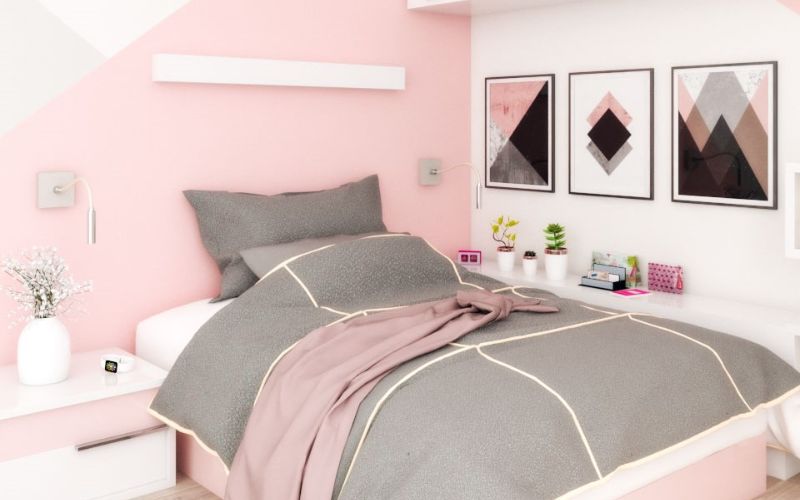 Màu hồng nhạt kết hợp màu xám làm phòng ngủ thêm cá tính, hiện đại