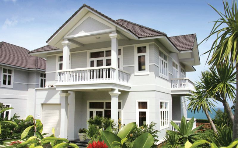 Ngoại thất biệt thự sơn màu ghi trang nhã, hiện đại
