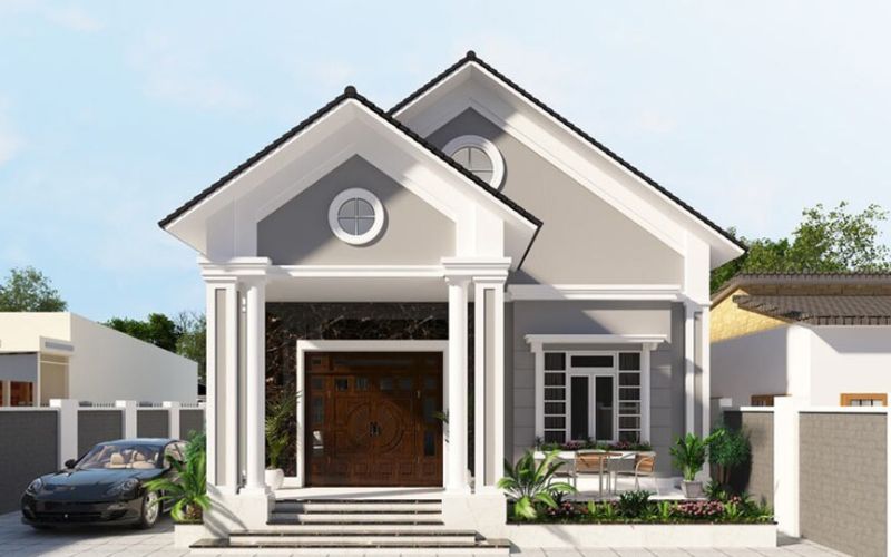 Phối màu ghi ngoại thất nhà cấp 4 đơn giản, tinh tế