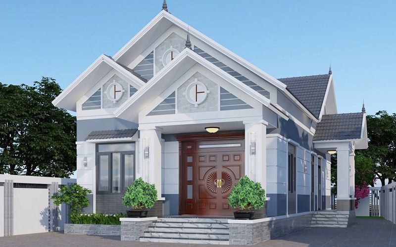Ngoại thất nhà cấp 4 sơn màu ghi phối trắng hiện đại, trang nhã