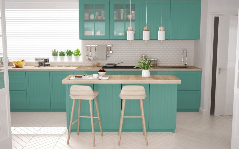 Nội thất phòng bếp sơn màu xanh ngọc bích thanh lịch