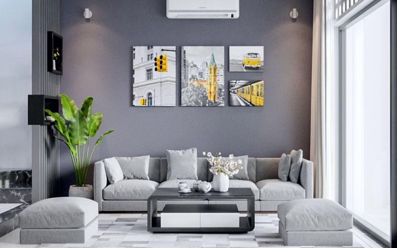 Mẫu phòng khách nhà cấp 4 tông chủ đạo màu trắng xám hiện đại