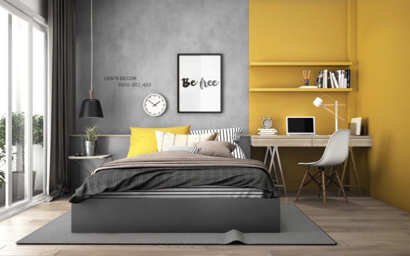 Kết hợp màu sơn xám khói và vàng tạo không gian phòng ngủ thời thượng