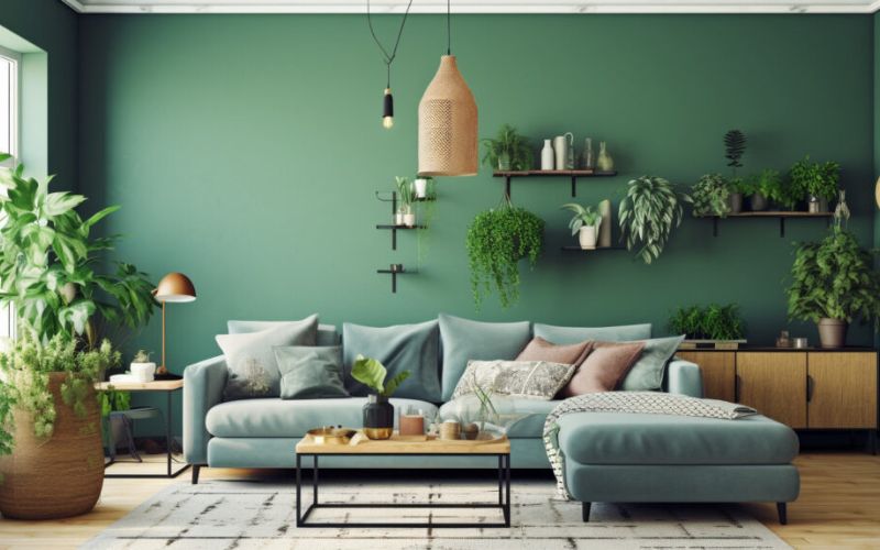 Tông màu xanh rêu chủ đạo phòng khách mang đến cảm giác tươi mới, dễ chịu