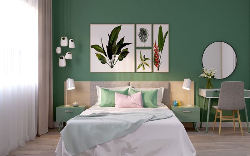 Sơn tường màu xanh rêu kết hợp nội thất trắng cho phòng ngủ đơn giản