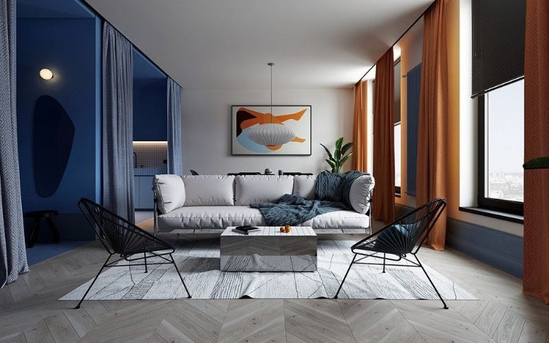 Phòng khách sơn màu be kết hợp xanh dương trông hiện đại, ấn tượng