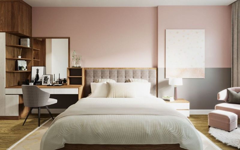 Phối màu hồng và xám tạo không gian phòng ngủ đẹp mắt