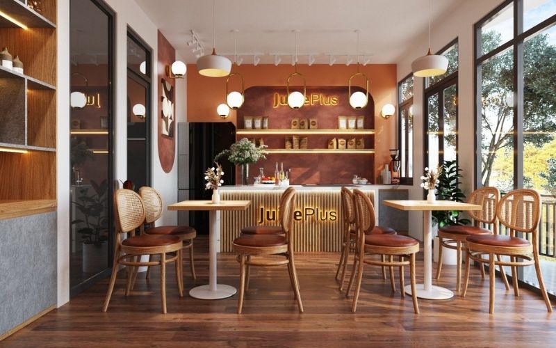 Quán cafe phong cách tối giản với bàn ghế chất liệu gỗ độc đáo