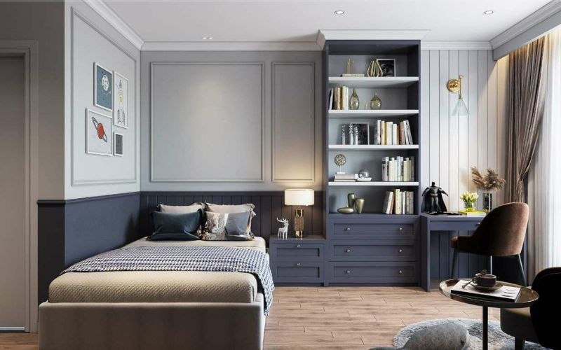 Phòng ngủ tân cổ điển phối màu ghi và xanh độc đáo