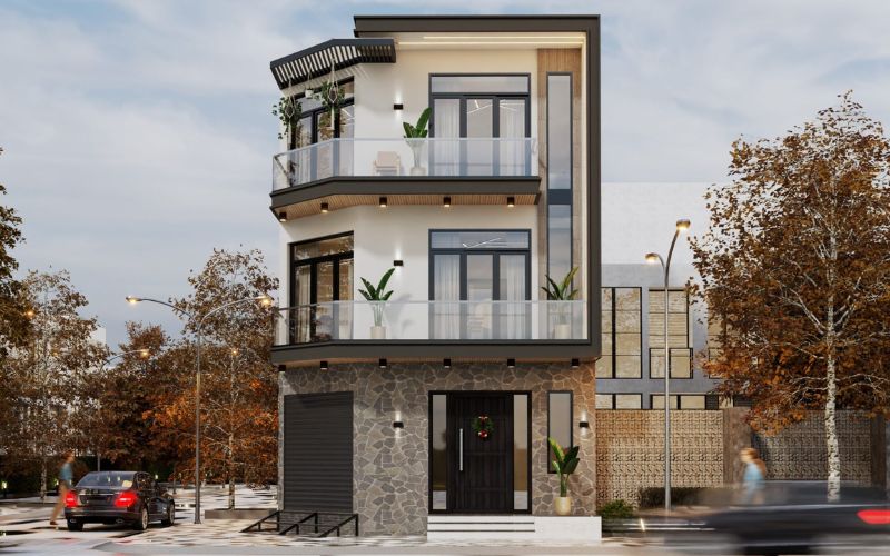 Sơn màu be mặt tiền nhà lầu thiết kế độc đáo