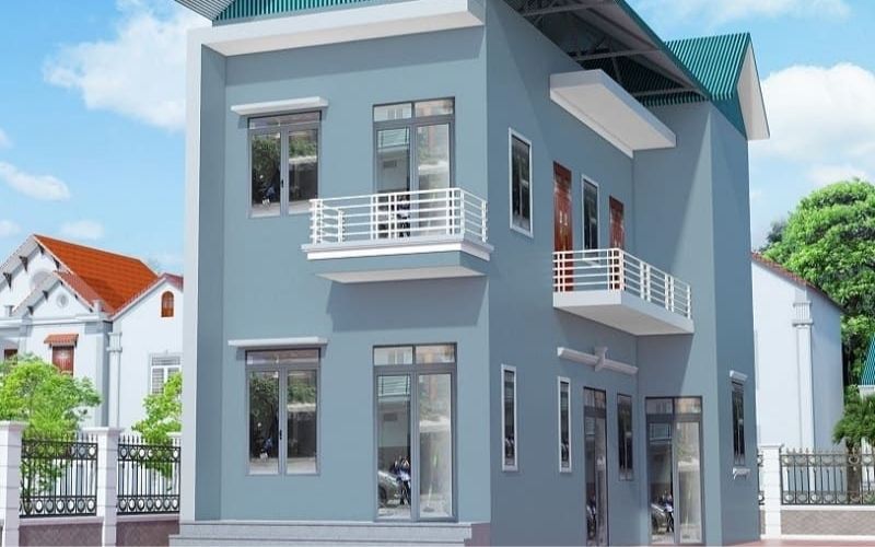 Sơn màu xanh ghi giúp mặt tiền nhà ống nổi bật