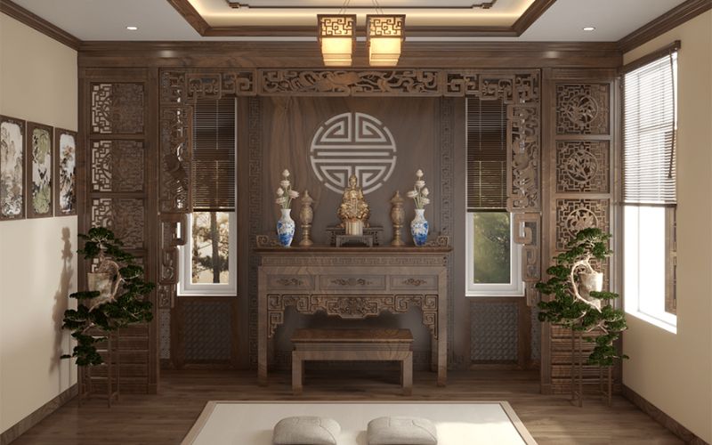 Sơn tường phòng thờ màu nâu đất tôn lên vẻ đẹp nội thất linh thiêng