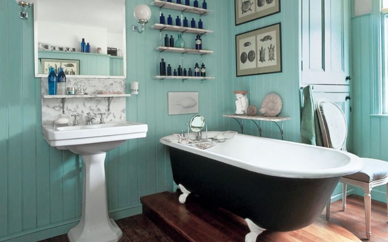 Phòng tắm sơn tường màu xanh ngọc đẹp, đơn giản