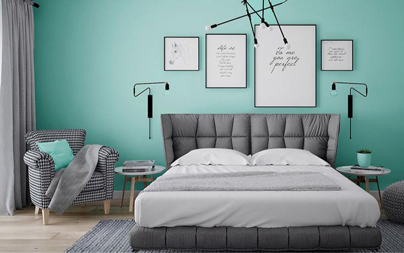 Phòng ngủ màu xanh ngọc kết hợp nội thất xám cá tính