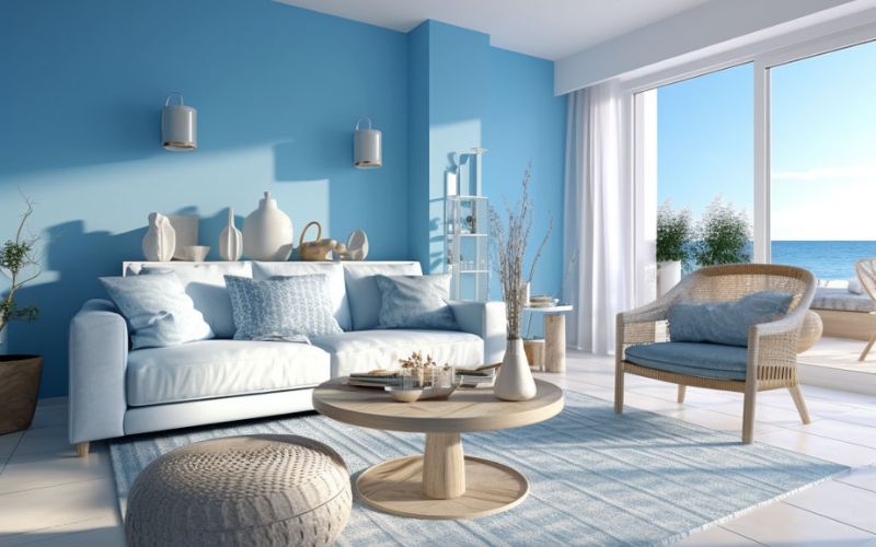Sơn phòng khách màu xanh nước biển tạo cảm giác thư giãn Sơn phòng khách màu xanh nước biển tạo cảm giác thư giãn