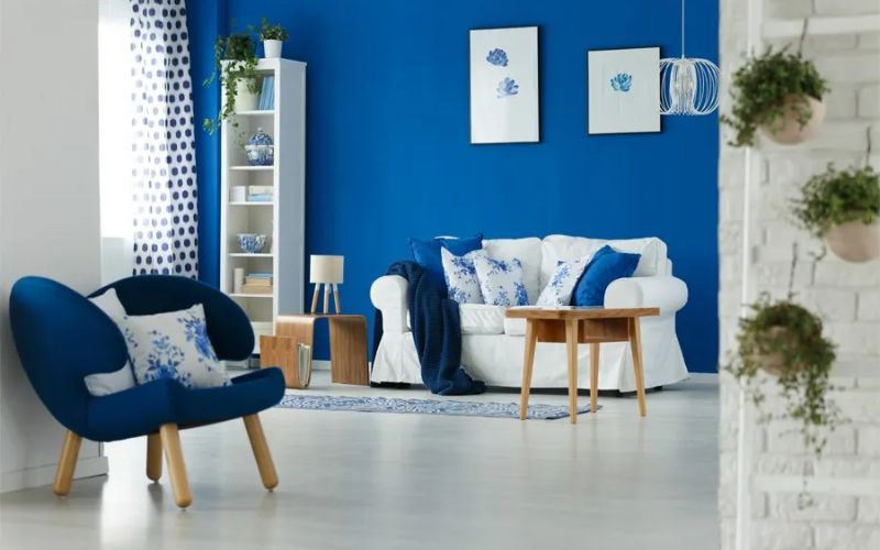 Sơn tường màu xanh nước biển và nội thất trắng giúp không gian phòng khách ấn tượng Sơn tường màu xanh nước biển và nội thất trắng giúp không gian phòng khách ấn tượng