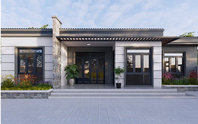 Phối xám trắng giúp không gian ngoại thất nhà cấp 4 có chiều sâu hơn