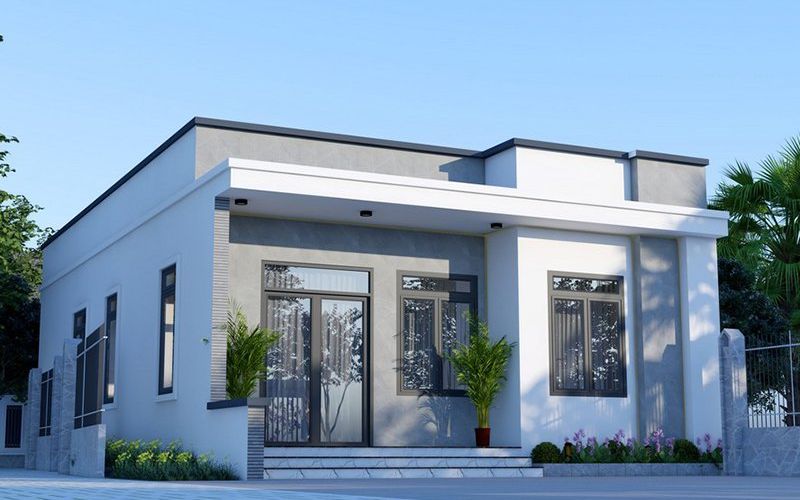 Mẫu nhà cấp 4 mái bằng sơn màu xám và trắng thanh lịch