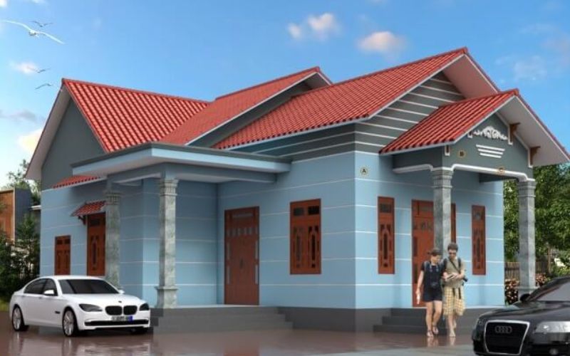 Kết hợp mái ngói đỏ giúp nhà màu ghi xanh da trời nổi bật hơn