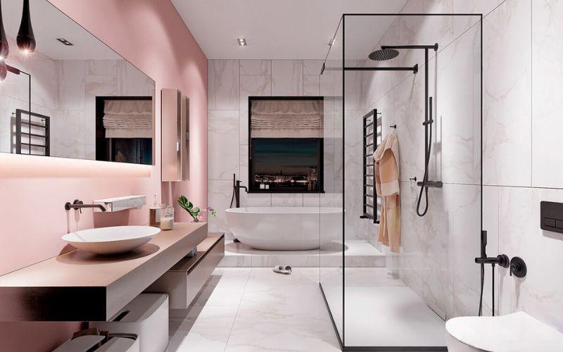 Sự tương phản giữa màu hồng pastel và trắng giúp không gian phòng tắm độc đáo hơn
