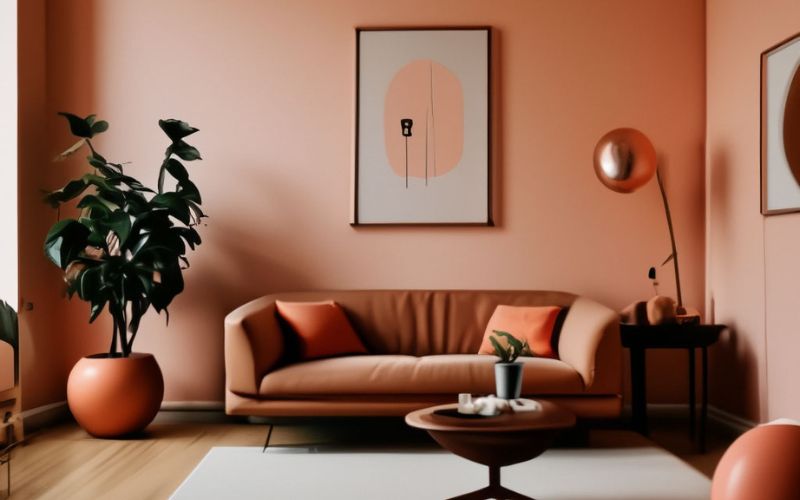 Phòng khách sơn màu hồng cam đơn giản