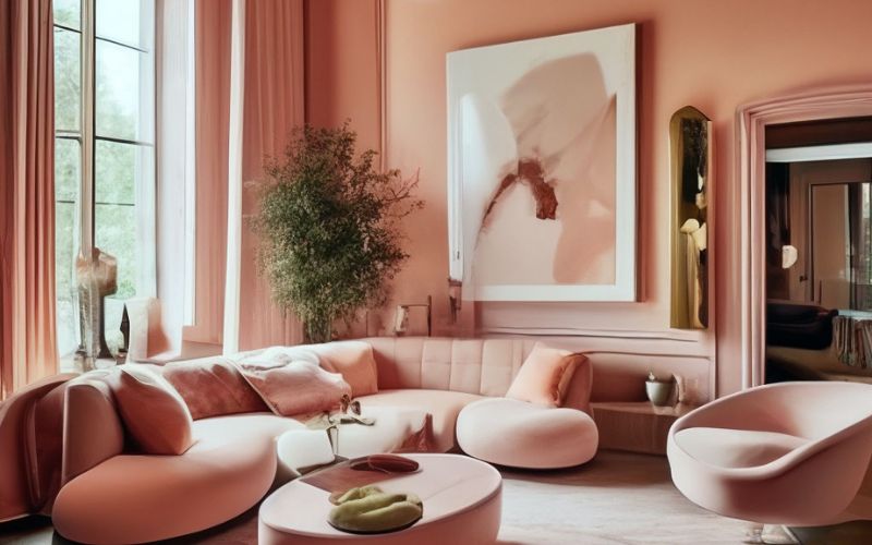 Nội-ngoại thất màu hồng đào giúp phòng khách ấn tượng, thu hút