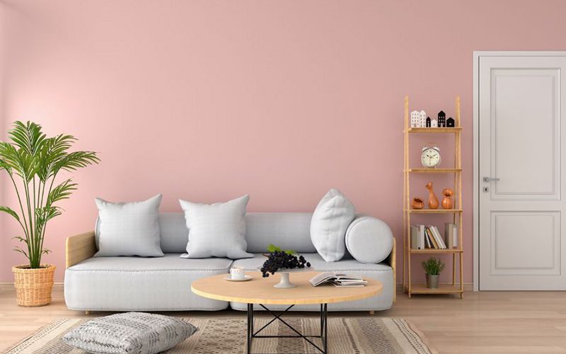 Nội thất xám nổi bật khi sơn phòng khách màu hồng nhạt