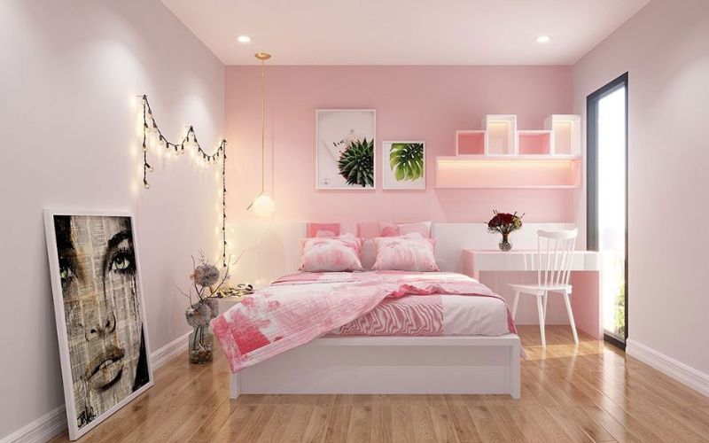 Phối màu trắng giúp phòng ngủ hồng phấn nhạt thoáng đãng hơn