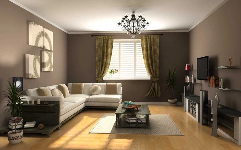 Phòng khách sơn màu nâu đất mang đến cảm giác ấm cúng