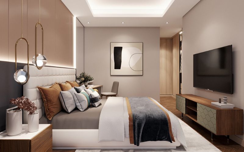 Phòng ngủ màu nâu đất đẹp và hiện đại