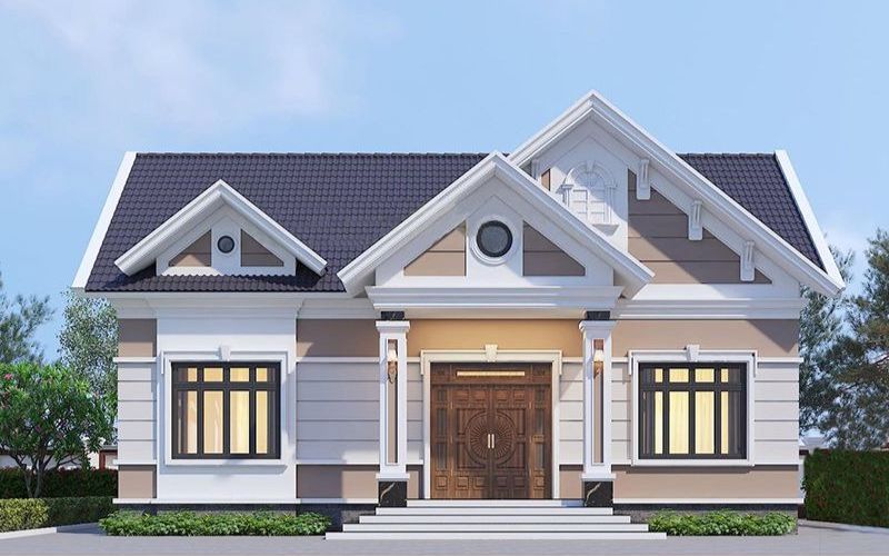 Mẫu nhà cấp 4 sơn màu trắng kết hợp tạo điểm nhấn thiết kế màu nâu đất