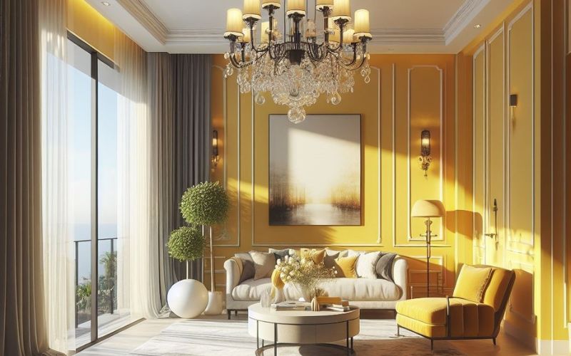 Phòng khách sơn màu vàng ánh kim sang trọng Phòng khách sơn màu vàng ánh kim sang trọng